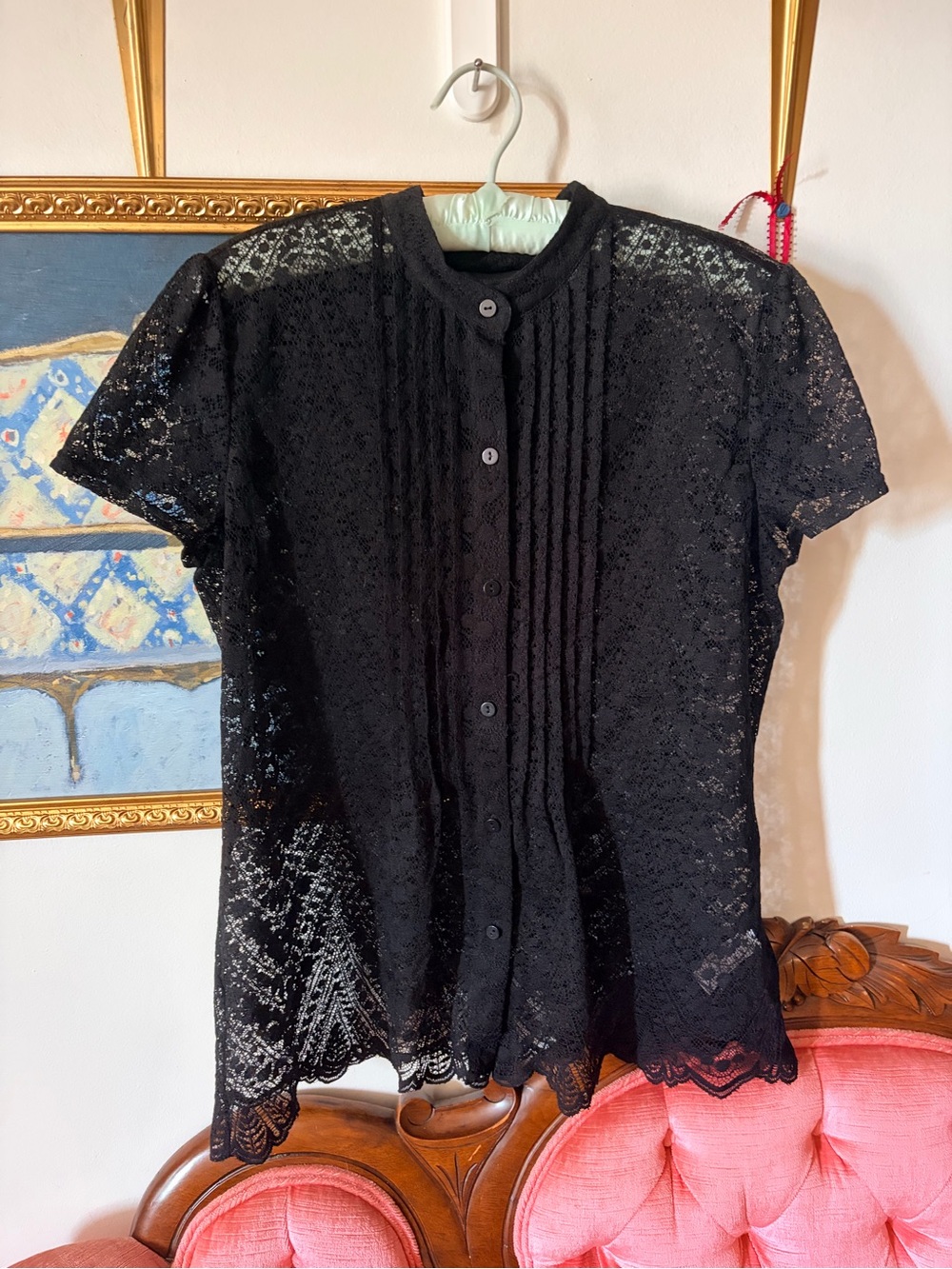 Liz Claiborne Black Lace Button-Front Short Sleeve Blouse